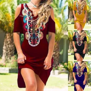 Платья с открытыми плечами и V-образным вырезом с принтом Женская мода Повседневные платья с коротким рукавом с круглым вырезом плюс размер S красный