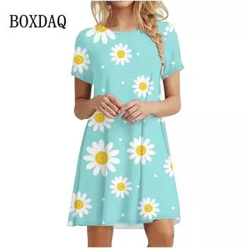 Платья с принтом 3D-ромашек для лета, платья с короткими рукавами и цветами, модное свободное платье с круглым вырезом и повседневная женская одежда больших размеров S