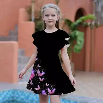 Платья с принтом бабочки для девочек. Детское праздничное платье для девочек. Свободная облегающая юбка с короткими рукавами для девочек старше четырех лет. 80 фиолетовый
