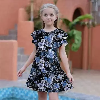 Платья с принтом для девочек, детское праздничное платье для девочек, свободная облегающая юбка с короткими рукавами для девочек старше четырех лет 80 синий
