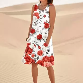 Платья с принтом для женщин, свободные, пляжные, повседневные, без рукавов, сарафаны с карманами, платье-майка XXL киноварь