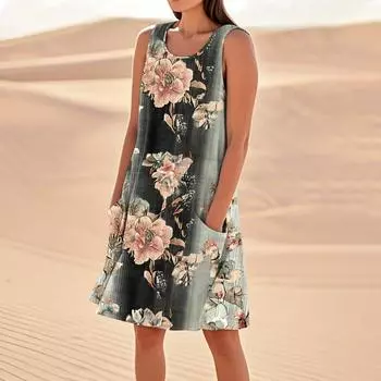 Платья с принтом для женщин, свободные, пляжные, повседневные, без рукавов, сарафаны с карманами, платье-майка XXL