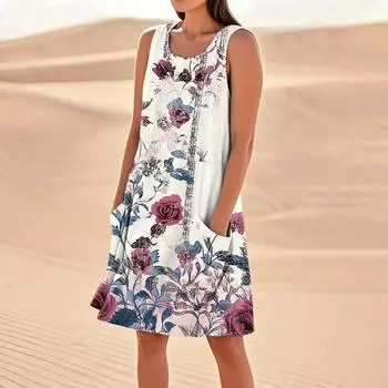 Платья с принтом для женщин, свободные, пляжные, повседневные, без рукавов, сарафаны с карманами, платье-майка L
