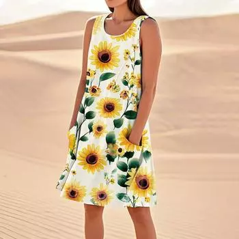 Платья с принтом для женщин, свободные, пляжные, повседневные, без рукавов, сарафаны с карманами, платье-майка XXL жёлтый