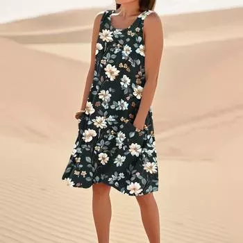 Платья с принтом для женщин, свободные, пляжные, повседневные, без рукавов, сарафаны с карманами, платье-майка XL чёрный