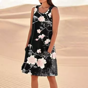 Платья с принтом для женщин, свободные, пляжные, повседневные, без рукавов, сарафаны с карманами, платье-майка XXL чёрный