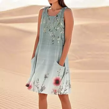 Платья с принтом для женщин, свободные, пляжные, повседневные, без рукавов, сарафаны с карманами, платье-майка S