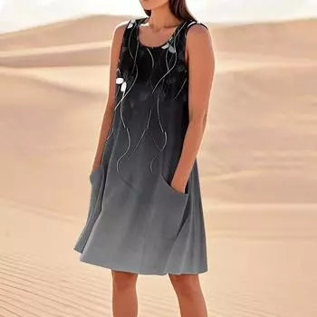 Платья с принтом для женщин, свободные, пляжные, повседневные, без рукавов, сарафаны с карманами, платье-майка L