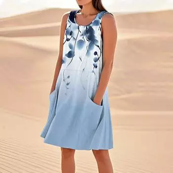Платья с принтом для женщин, свободные, пляжные, повседневные, без рукавов, сарафаны с карманами, платье-майка XL синий