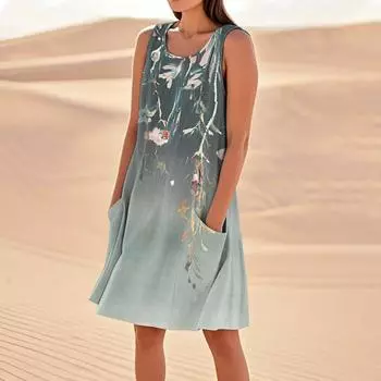 Платья с принтом для женщин, свободные, пляжные, повседневные, без рукавов, сарафаны с карманами, платье-майка L