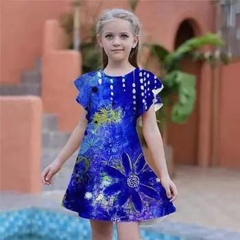 Платья с принтом хризантем для девочек. Детское праздничное платье для девочек. Свободная облегающая юбка с короткими рукавами для девочек старше четырех лет. 80 фиолетовый