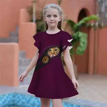 Платья с принтом котят для девочек. Детское праздничное платье для девочек. Свободный крой. Свободная юбка с короткими рукавами для девочек старше четырех лет. 80 зелёный