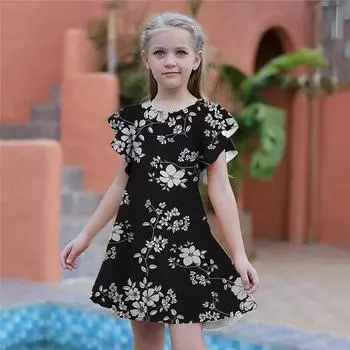 Платья с принтом оранжевых цветов для девочек. Детское праздничное платье для девочек. Свободный крой. Свободная юбка с короткими рукавами для девочек старше четырех лет. 80 чёрный
