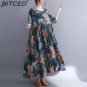 Платья с принтом размера плюс, женская длинная юбка с круглым вырезом и коротким рукавом, плиссированная, с большим подолом, с цветочным принтом, летняя One Size темно-коричневого