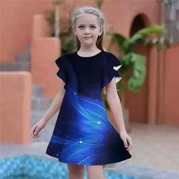 Платья с принтом синих лепестков для девочек. Детское праздничное платье для девочек. Свободный крой. Свободная юбка с короткими рукавами для девочек старше четырех лет. 80 синий