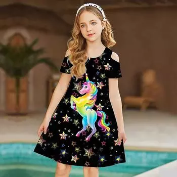 Платья с принтом «Сияющая звезда» для девочек, детское праздничное платье с открытыми плечами для девочек, платье принцессы, платье с короткими рукавами для детей старше четырех лет 80 чёрный