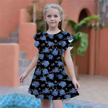 Платья с принтом желтой розы для девочек. Детское праздничное платье для девочек. Свободная облегающая юбка с короткими рукавами для девочек старше четырех лет. 80 синий