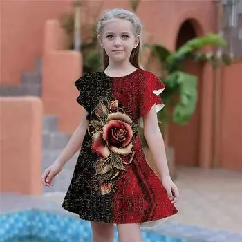 Платья с принтом «Зыбучие пески и розы» для девочек. Детское праздничное платье для девочек. Свободный крой. Свободная юбка с короткими рукавами для девочек старше четырех лет. 80 красный