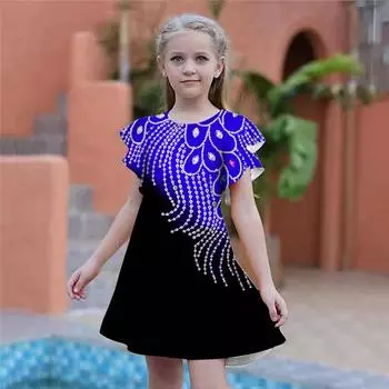 Платья с ромбовидным принтом и кисточками для девочек. Детское праздничное платье для девочек. Свободный крой. Свободная юбка с короткими рукавами для девочек старше четырех лет. 80 синий