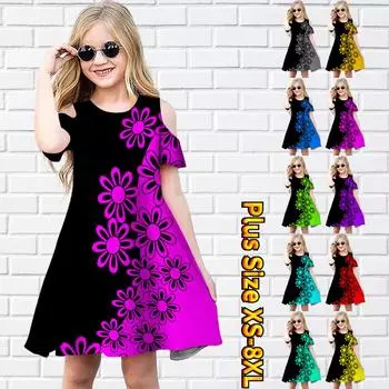 Платья с розовым цветочным принтом для девочек, детское праздничное платье с открытыми плечами для девочек, платье принцессы, платье с короткими рукавами для девочек старше 4 лет 180 чёрный