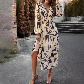Платья с темпераментной талией С затянутым V-образным вырезом и принтом Длинная юбка с длинными рукавами и цветочным принтом L бежевый