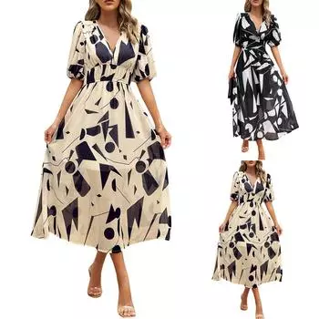 Платья с темпераментной талией С затянутым V-образным вырезом и принтом Длинная юбка с цветочным принтом и рукавами 1/2 L чёрный