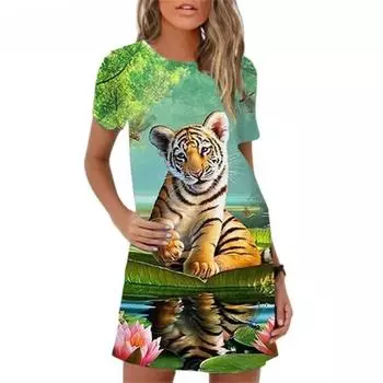 Платья с тигровым принтом для женщин, повседневное винтажное платье с 3D-принтом, женское модное платье с коротким рукавом и большими размерами, летняя одежда S