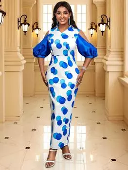 Платья с V-образным вырезом, вырезами, рукавами-фонариками, синие лоскутные платья в горошек, длинные вечерние наряды для вечеринок для женщин