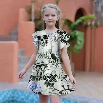 Платья со скелетом и розой для девочек. Детское праздничное платье для девочек. Свободная облегающая юбка с короткими рукавами для девочек старше четырех лет. 180 синий