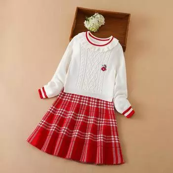 Платья-свитера для девочек, школьное милое клетчатое вязаное пуловер с длинными рукавами и рюшами, уютное платье, детская зимняя одежда 110