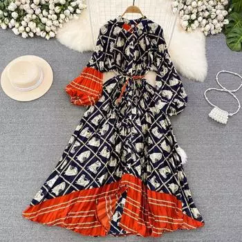 Платья Temperament Lantern Длинные рукава Круглый вырез Тонкий однобортный принтованное платье Элегантные винтажные шикарные женские платья One Size