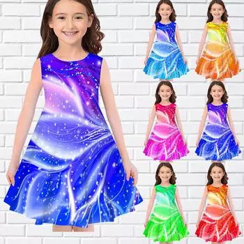 Платья в 3D изогнутую полоску для девочек, детское праздничное платье принцессы без рукавов для девочек, майка для девочек старше четырех лет 120 синий