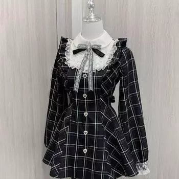 Платья в клетку Harajuku Sweet Bow Black, универсальные, облегающие, кавайные, в стиле Лолиты, для женщин, новинка осени с длинным рукавом L чёрный