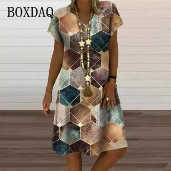 Платья в клетку с геометрическим рисунком и 3D-принтом для женщин, летняя винтажная повседневная свободная одежда с коротким рукавом, сарафан с V-образным вырезом для женщин S