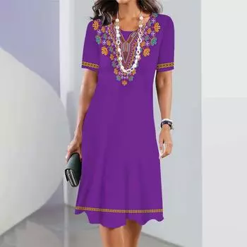 Платья в национальном костюме, летние, свободные, винтажные, с короткими рукавами, юбка А-силуэта, дизайнерские, с 3D-принтом, элегантные, с круглым вырезом, женские платья S