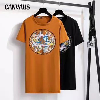 Платья в национальном стиле Свободное платье-футболка средней длины Женские летние платья больших размеров XL чёрный