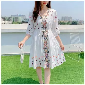 Платья в стиле бохо для женщин в стиле ретро с вышивкой, V-образным вырезом, завязками на талии, утягивающие, рукава-фонарики, праздничные платья One Size белый
