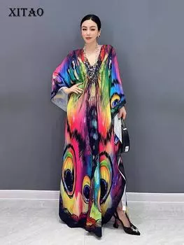 Платья XITAO с принтом бабочки и рукавами «летучая мышь» и V-образным вырезом HQQ2302