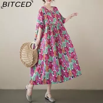 Платья Yangqi Новые летние свободные женские платья до колена с короткими рукавами и цветочным принтом большого размера One Size ярко-розовый