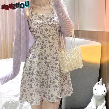 Платья женские летние вечерние без рукавов Y2k слинг сексуальный повседневный эстетический цветочный принт миди с высокой талией женская одежда в стиле Харадзюку M белый