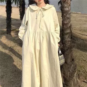 Платья женские с длинным рукавом в винтажном японском консервативном стиле Kawaii с воротником Питера Пэна Свободное женское повседневное милое милое платье на шнуровке S