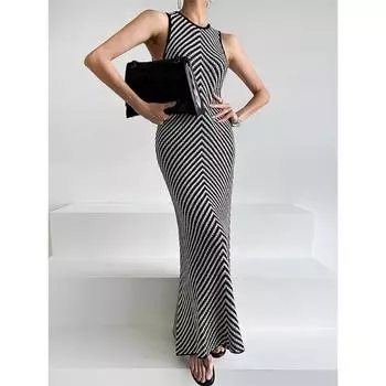 Платья женские темпераментные полосатые новые без рукавов летние с круглым вырезом эстетичный дизайн французский стиль универсальные ретро Харадзюку S чёрный