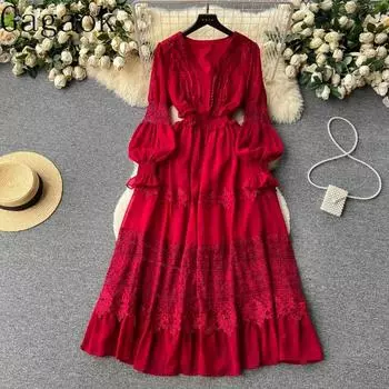 Платья женские весенние летние однотонные кружевные лоскутные вечерние платья с v-образным вырезом и рукавами-фонариками винтажное элегантное женское платье One Size абрикосовый