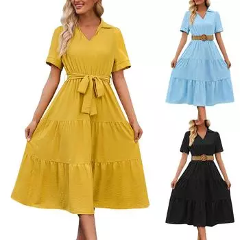 Платья Женское однотонное платье с коротким рукавом и v-образным вырезом средней длины и талией Повседневное платье L чёрный