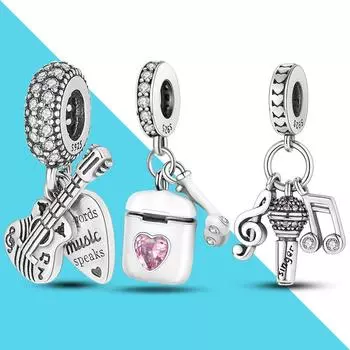 Plata De Ley 925 оригинальный гитарный микрофон и беспроводные наушники с подвесками подходят для оригинального браслета с подвесками своими руками