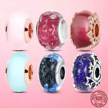 Plata De Ley 925 стерлингового серебра Charms Original Pink Blue Glass Murano Бусины Fit Fashion Charms Серебро 925 Оригинальный браслет