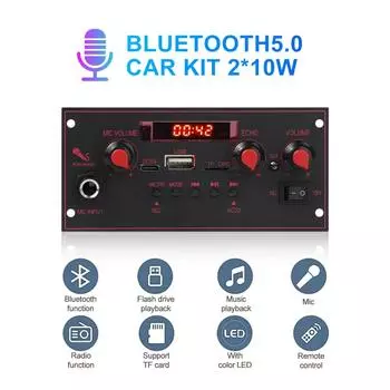 Плата декодера Bluetooth DIY, усилитель 20 Вт, микрофон 6,5 мм, DC 5 В, FM-радио, TF, USB, автомобильный аудиоплеер, динамики, регулятор громкости WMA