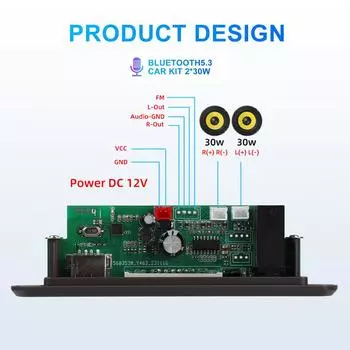 Плата декодирования Bluetooth 5.3 MP3 12-15 В Плата декодера Часы Дисплей времени Микрофон Автомобильное FM-радио USB TF Музыкальный плеер Динамик 12-15V