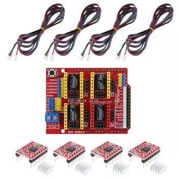 Плата расширения CNC Shield V3.0 4 шт. A4988 Драйвер шагового двигателя 4 шт. Кабель шагового двигателя для 3D-принтера/гравера с 4 радиаторами