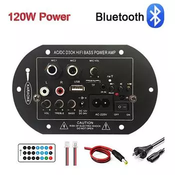 Плата усилителя звука Bluetooth 120 Вт, сабвуфер, двойной микрофон, модуль усилителя для 4 Ом, 8-12 дюймов, динамик 12/24 В, 110/220 В 10 INCH